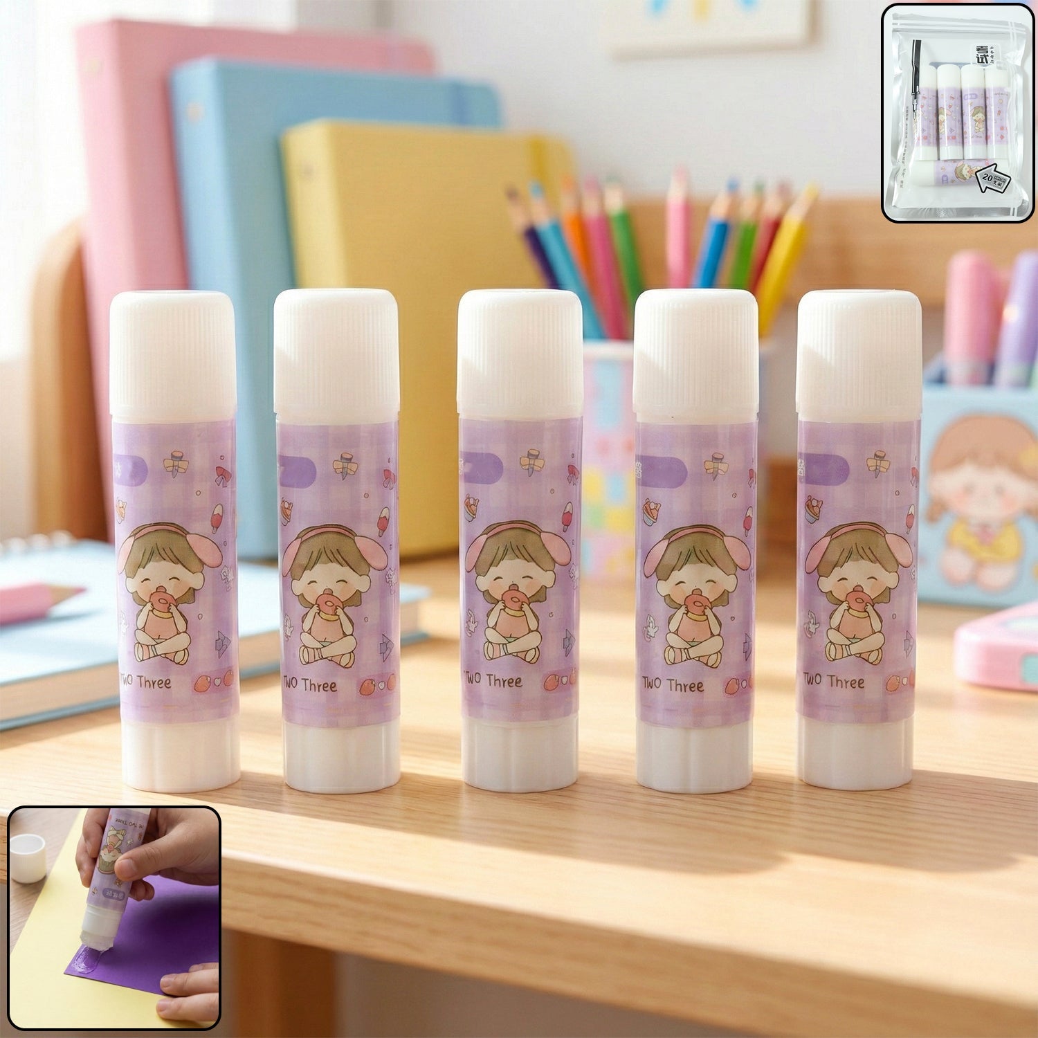 Cartoon-themed solid glue stick pack of 5 for school and craft use