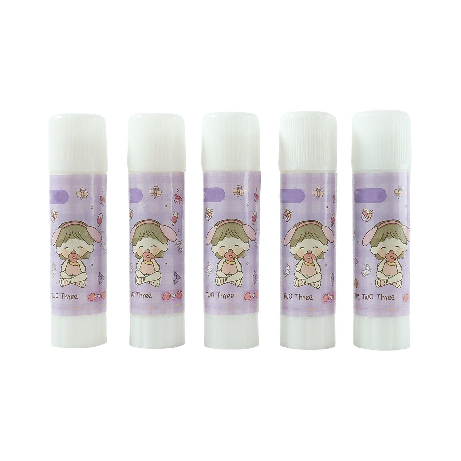 Multipack carton of glue sticks with cartoon designs for students