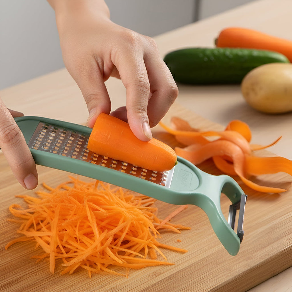 Handheld peeler and grater tool with sharp stainless steel blade
