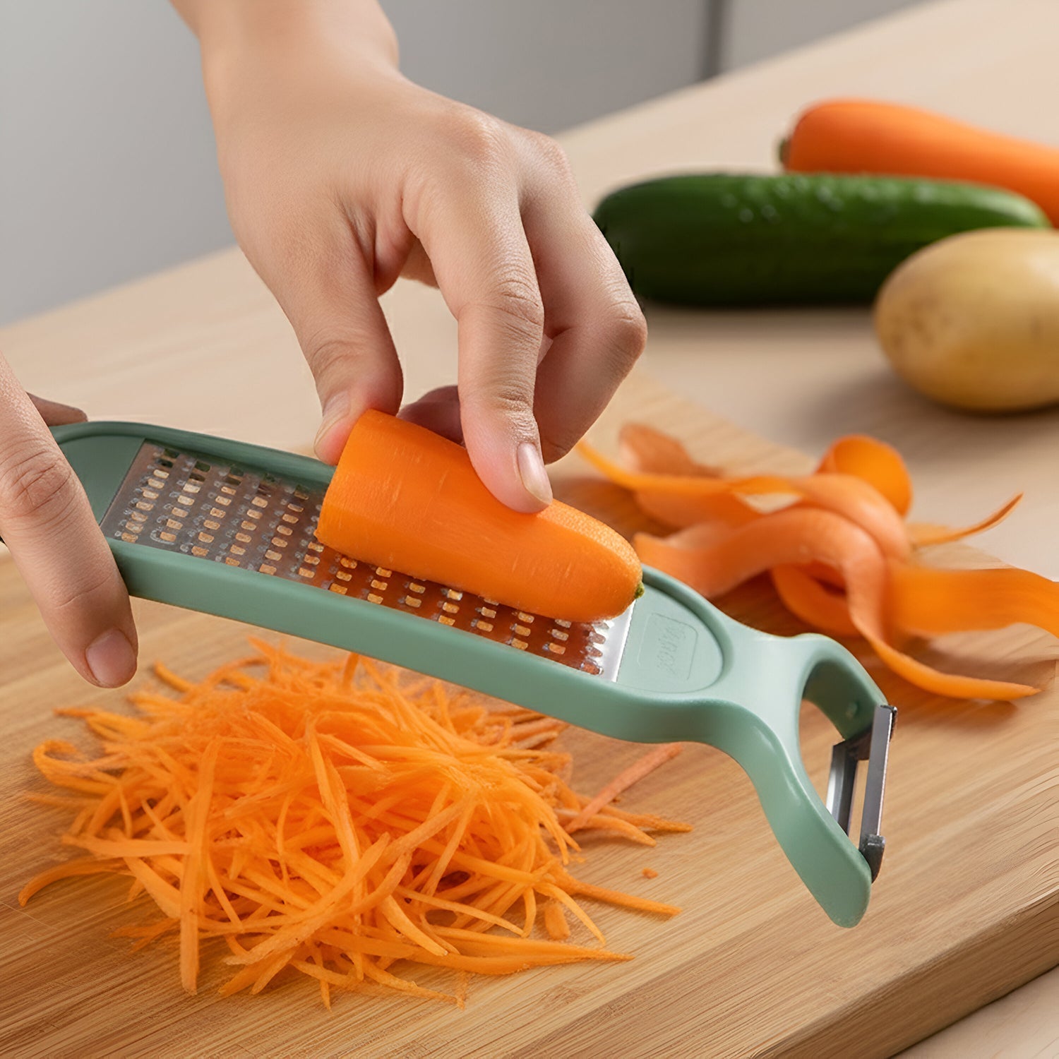 Handheld peeler and grater tool with sharp stainless steel blade