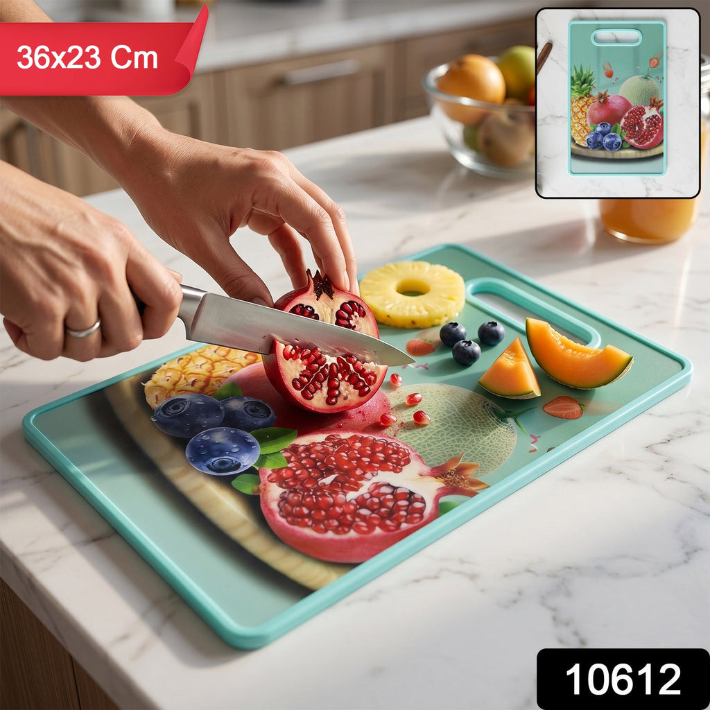 Flat view of green cutting board with handle