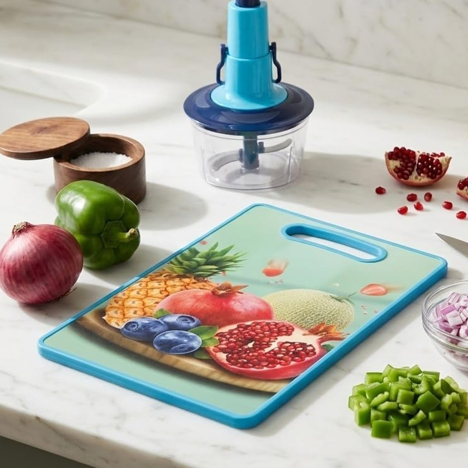 Angled view of green cutting board