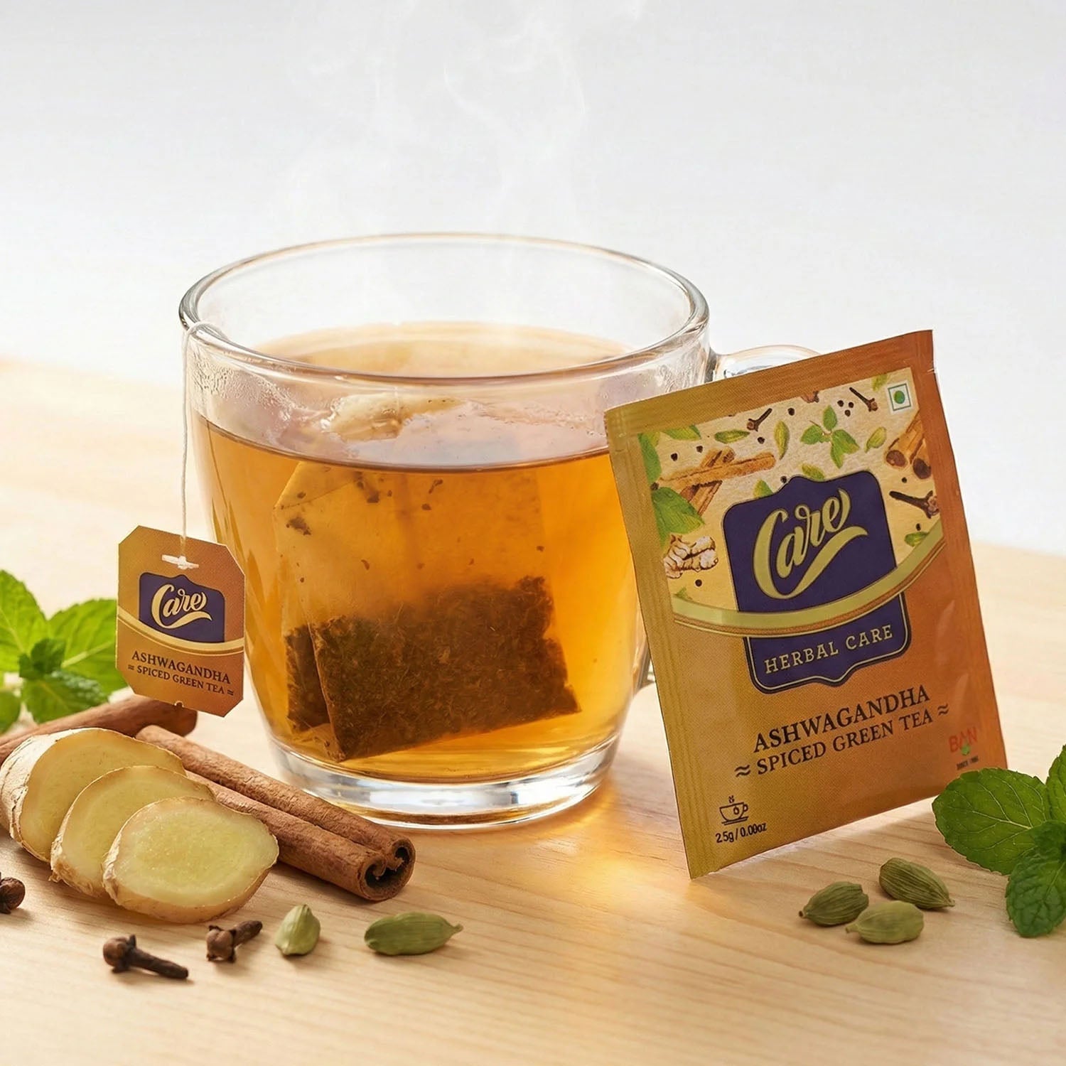 Tea leaves and spices in Ashwagandha Spiced Green Tea pack