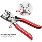 Snap button plier kit displaying various colored metal fasteners