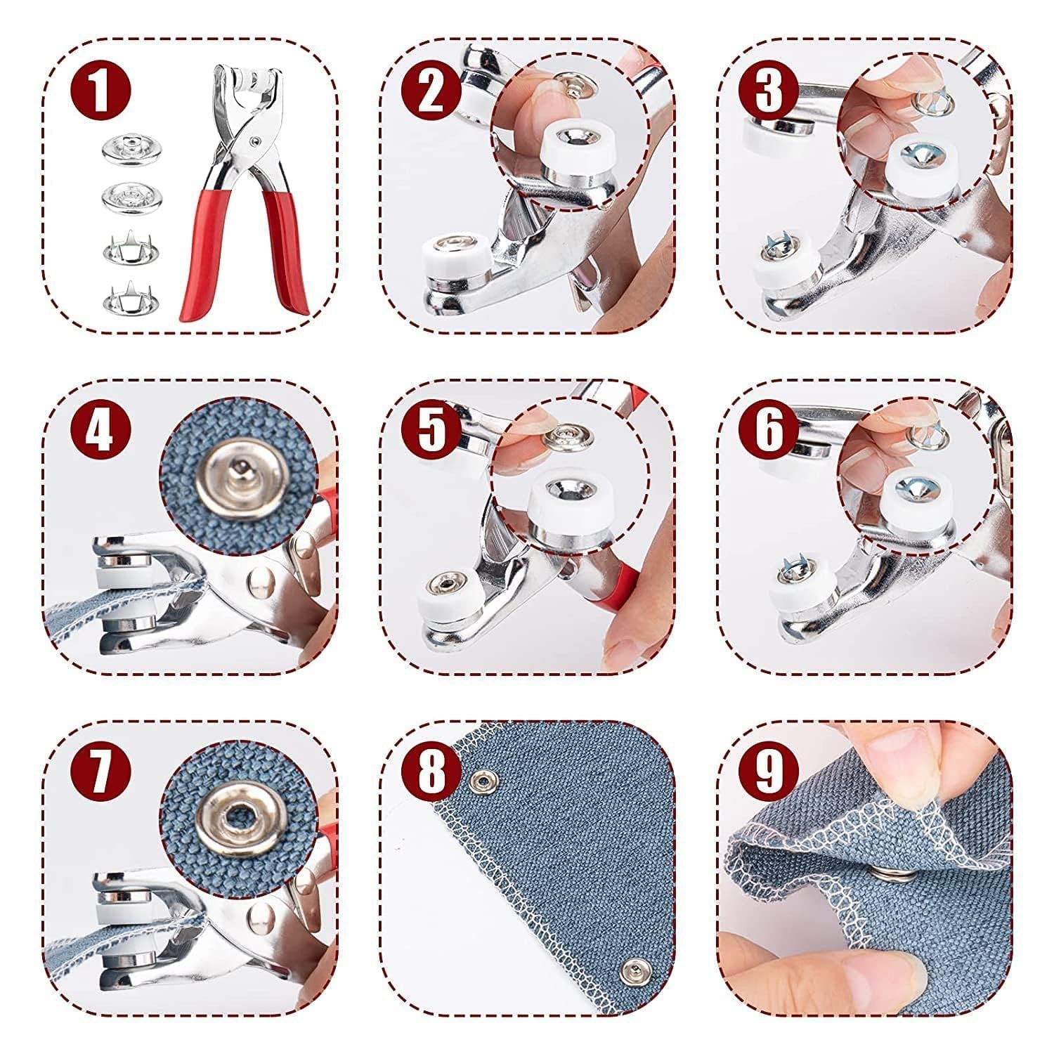 Full kit view of snap button plier set with pliers and assorted studs