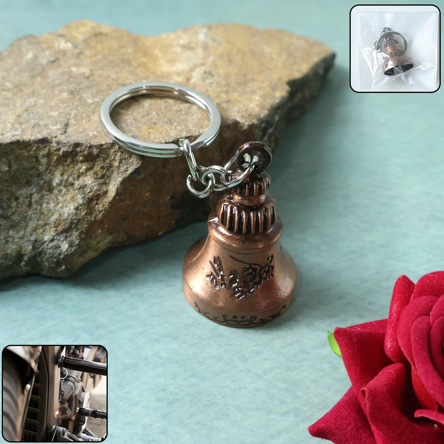 Bell shape mini metal keychain with decorative engraving