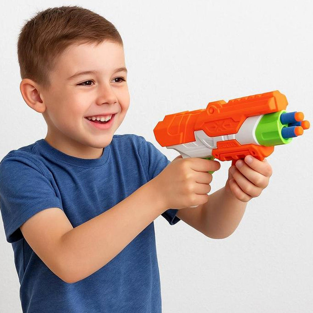Ergonomic grip on kids toy dart blaster for comfy play