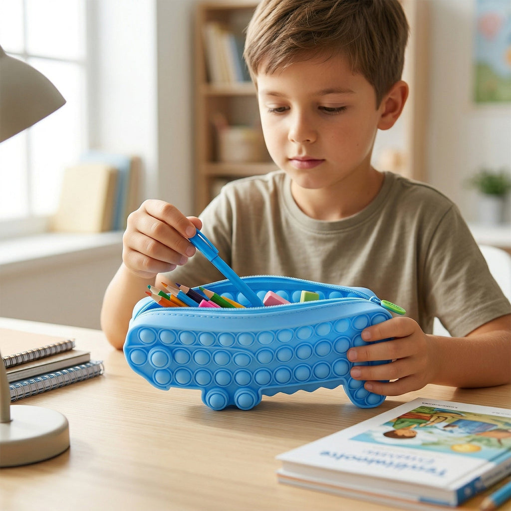 Silicone bubble surface texture of croc-shaped pencil pouch