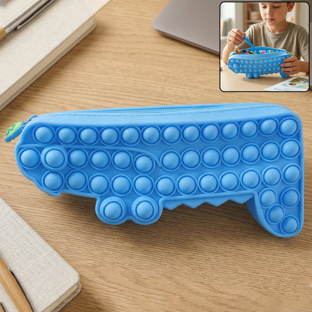 Cartoon crocodile shaped Pop It silicone pencil pouch with zipper