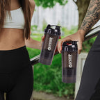 Side view of supplement protein shaker bottle with multiple compartments