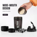 Protein shaker bottle highlighting multi-compartment storage