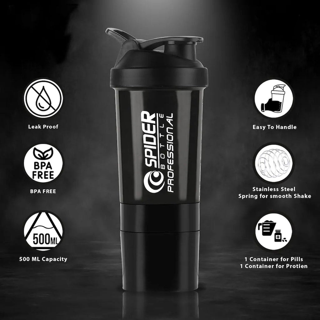 Angled view of gym protein shaker bottle with secure lid