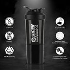 Angled view of gym protein shaker bottle with secure lid