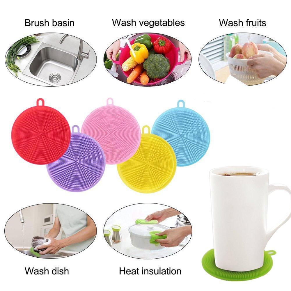 Round silicone dish scrubber, heat-resistant and mildew-free, ready for use.
