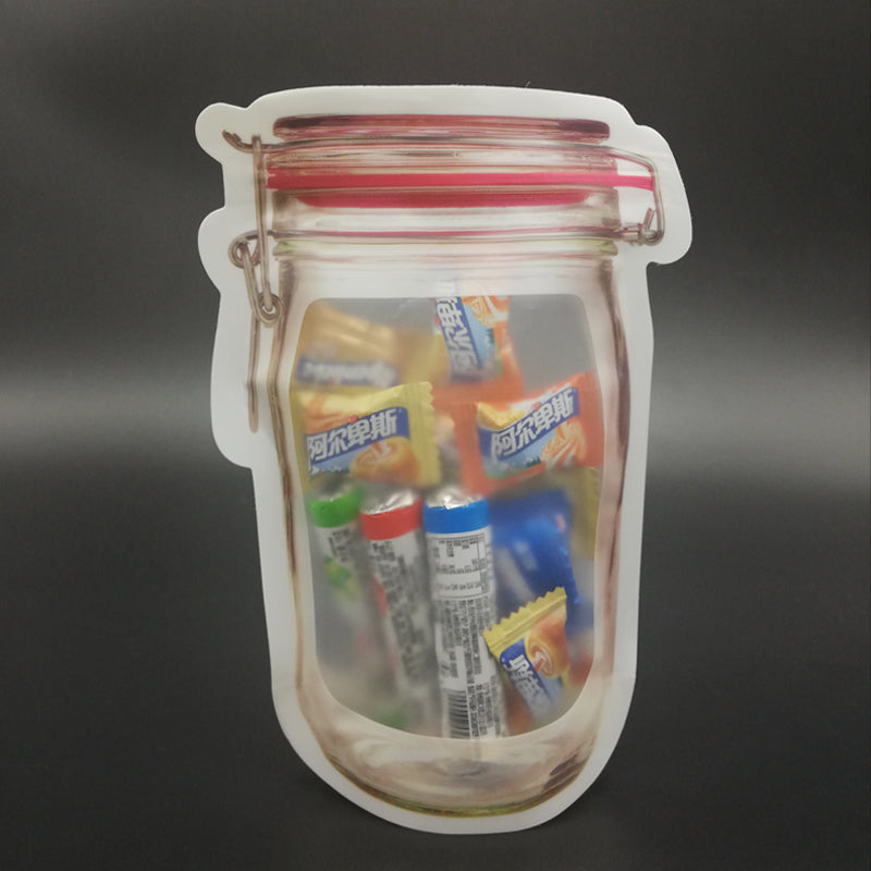 Transparent reusable plastic airtight food storage bag, 500ml, with zipper closure.