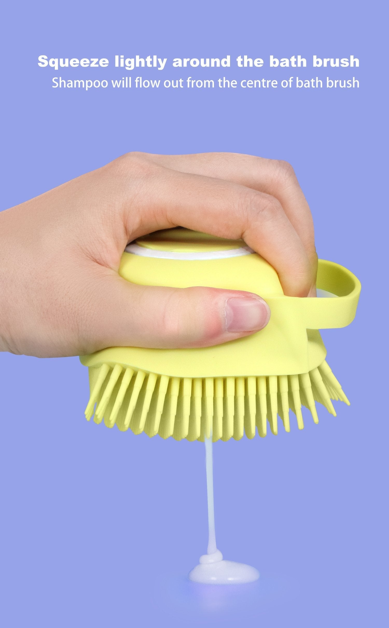 Top view of the easy-press button for the shampoo dispenser on the silicone bath brush.