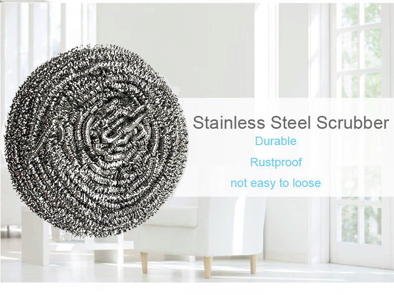 Pack of six round stainless steel scrubbers for versatile kitchen use.