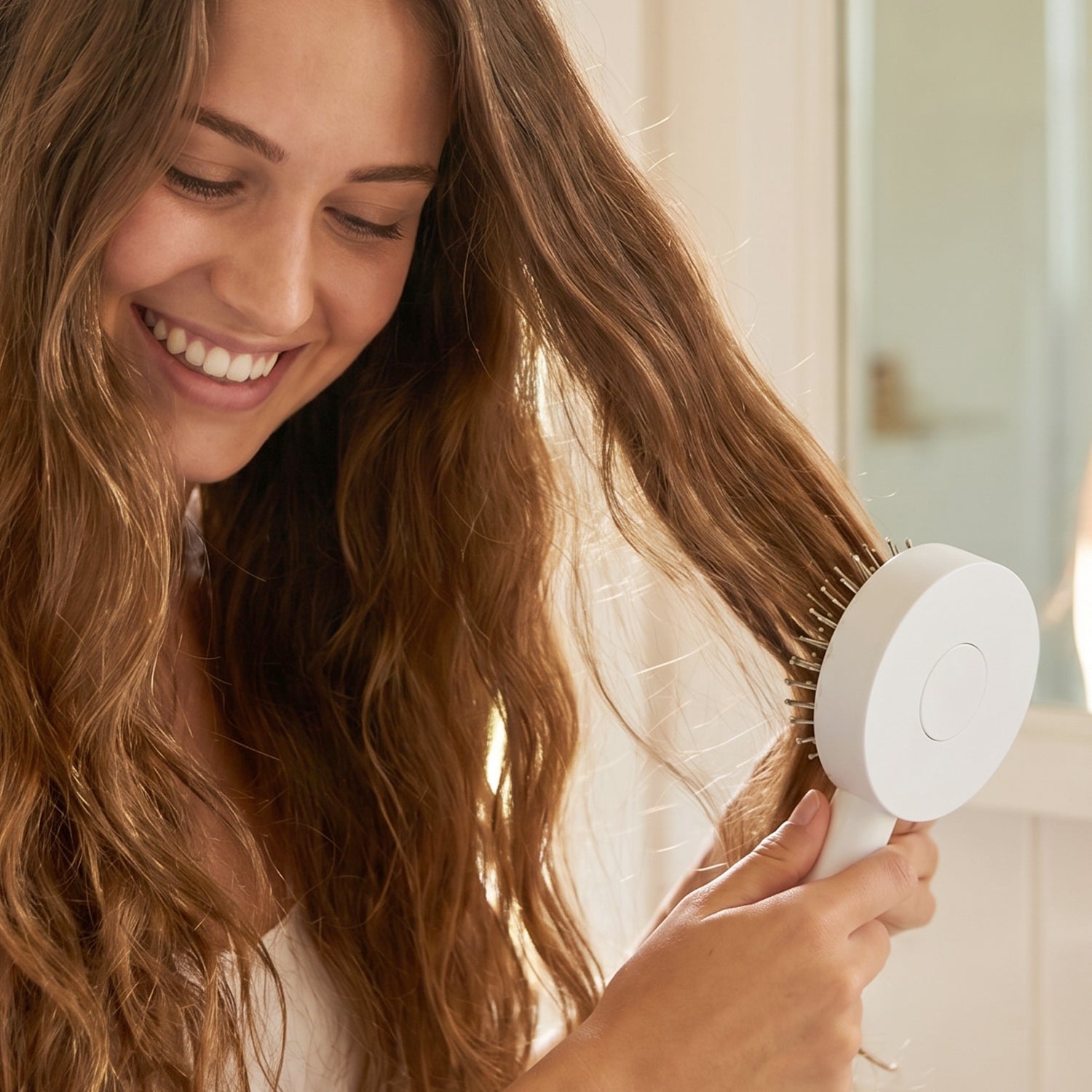 Hand pressing the quick-release button on the Self-Cleaning Hair Brush to remove trapped hair.