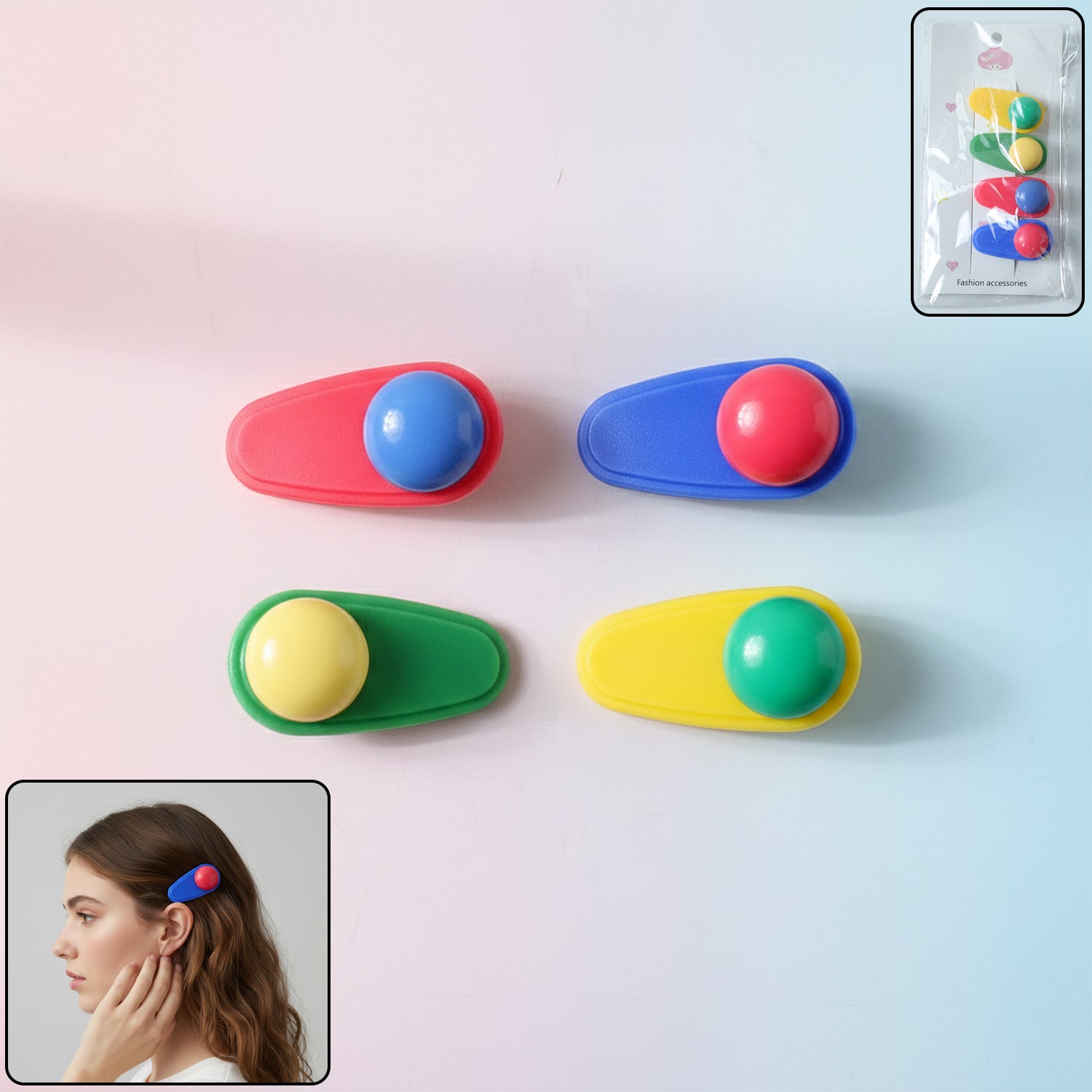 Set of 4 snap hair clips with decorative rounded accents