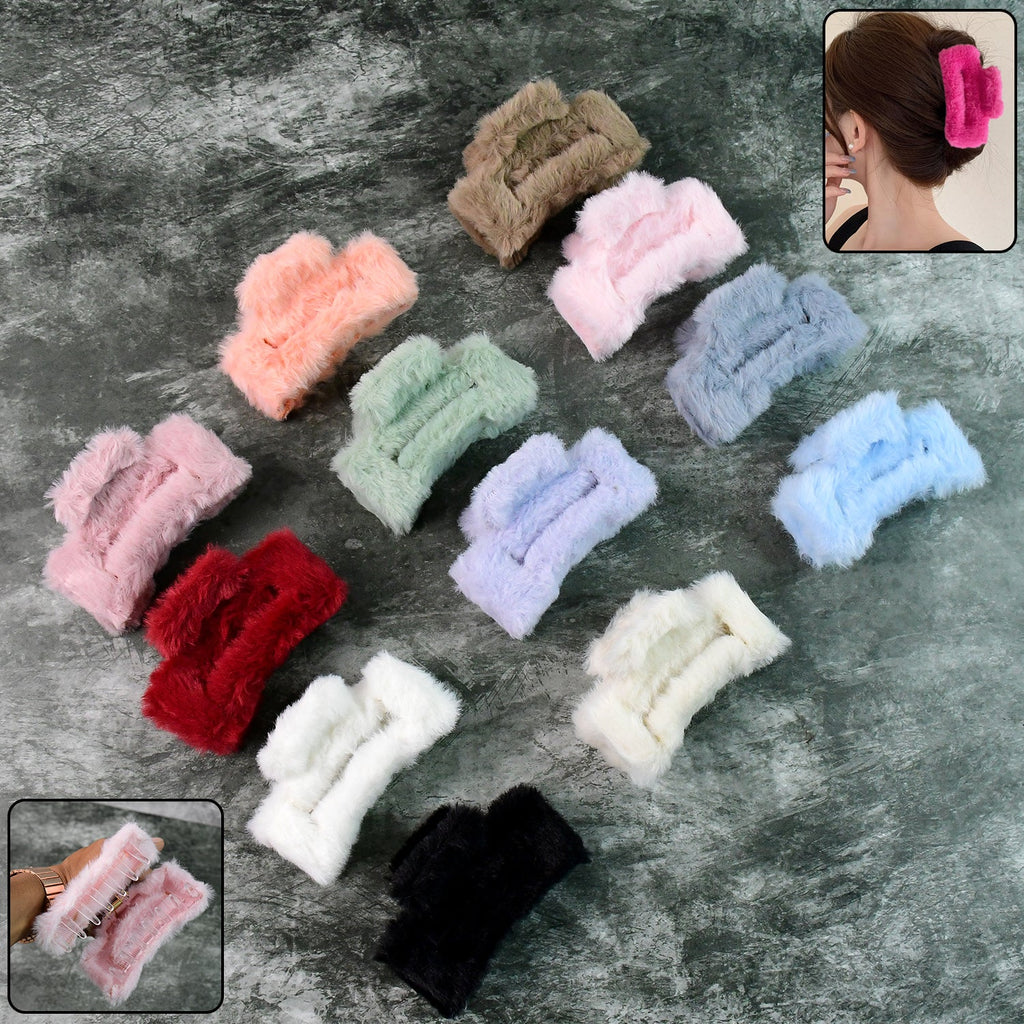 Set of 12 big-size soft faux fur hair claw clips in assorted colors
