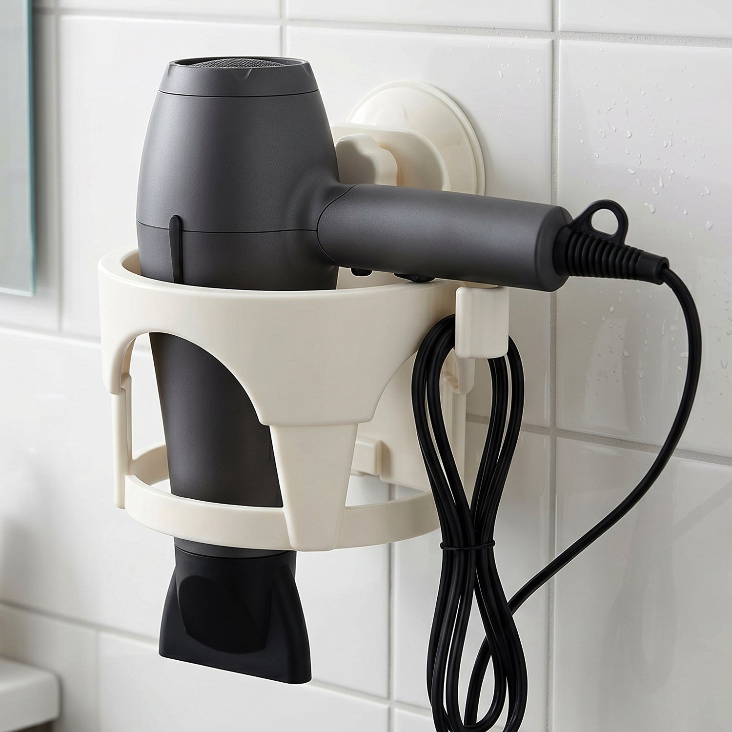 Hair dryer placed in suction cup holder