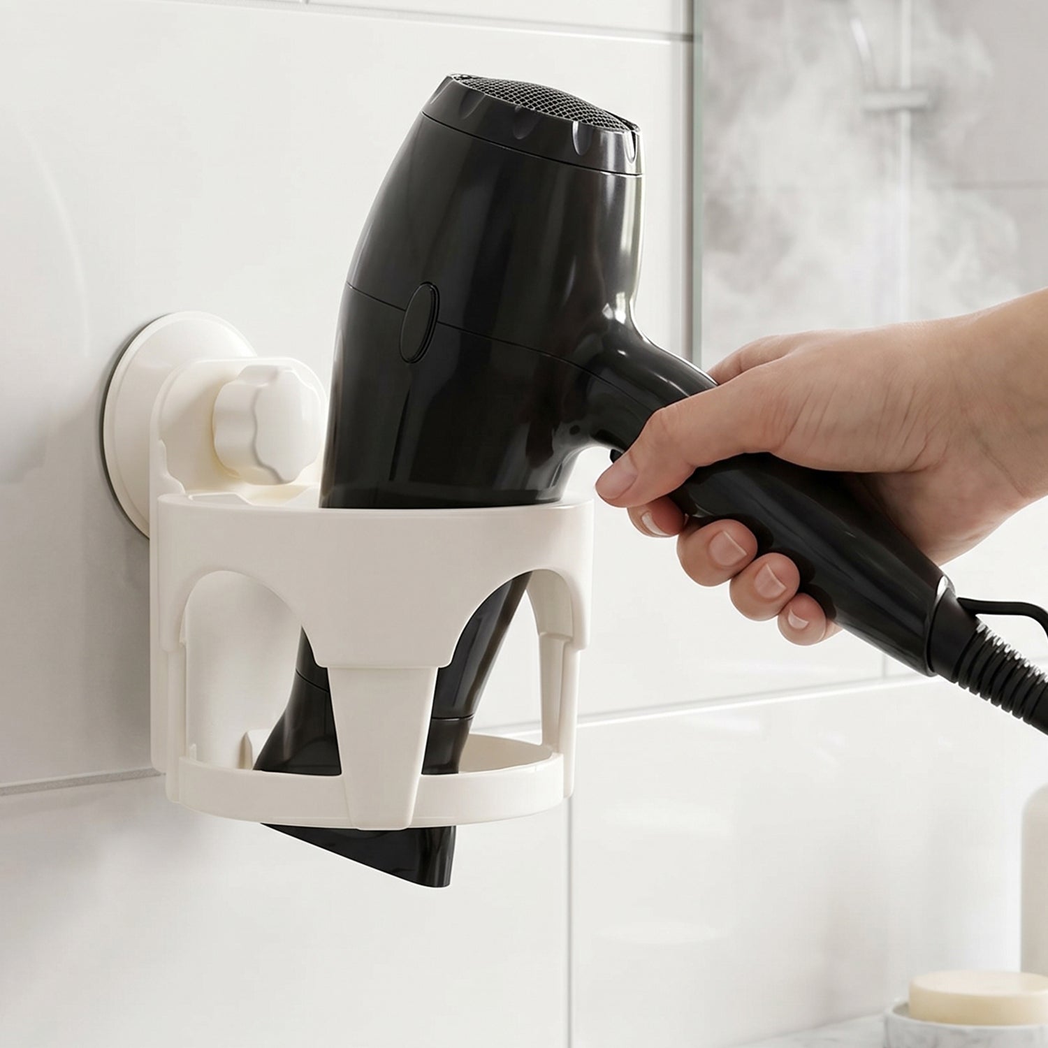 Compact suction cup hair dryer holder for bathroom