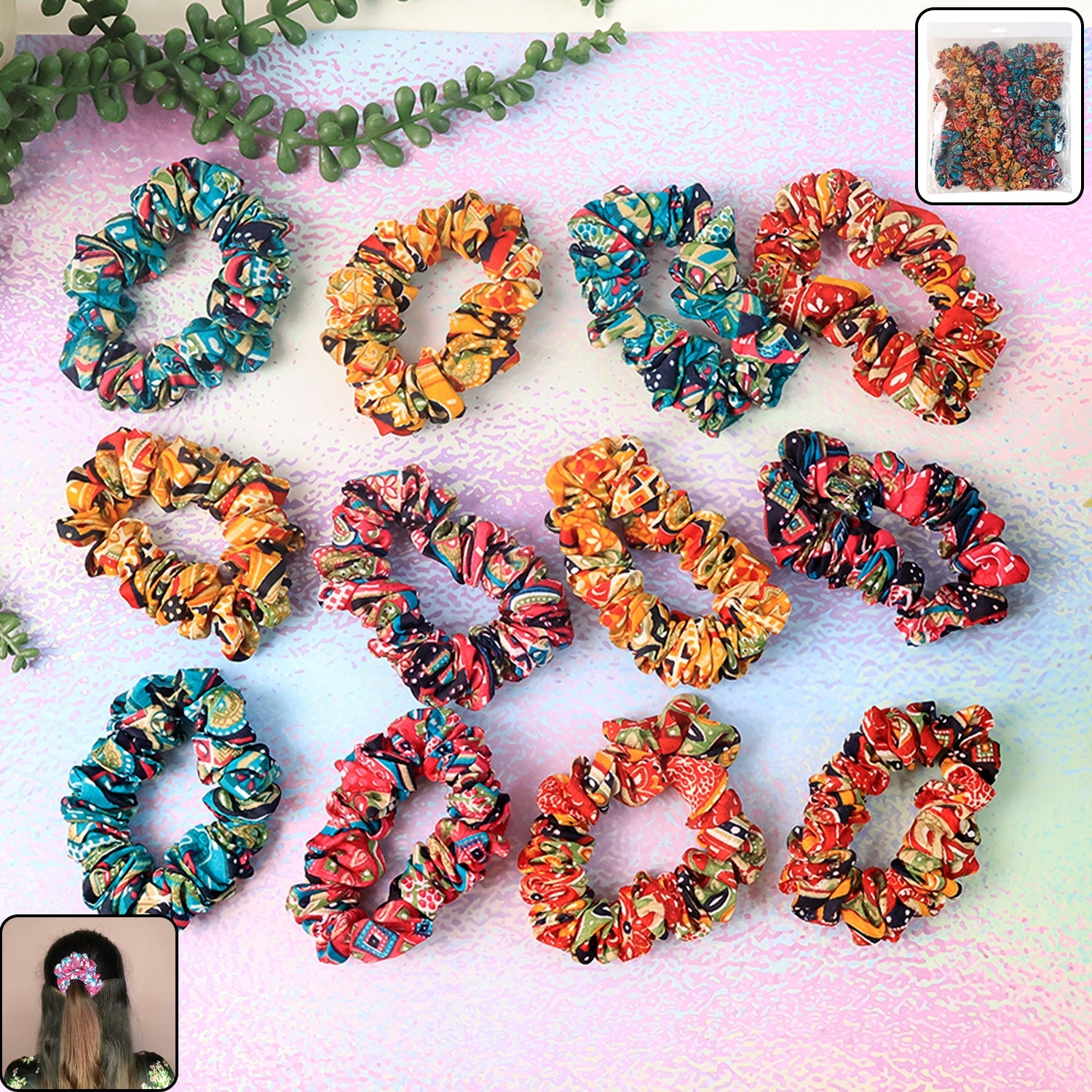 Set of 12 printed fabric hair scrunchies with various vibrant patterns