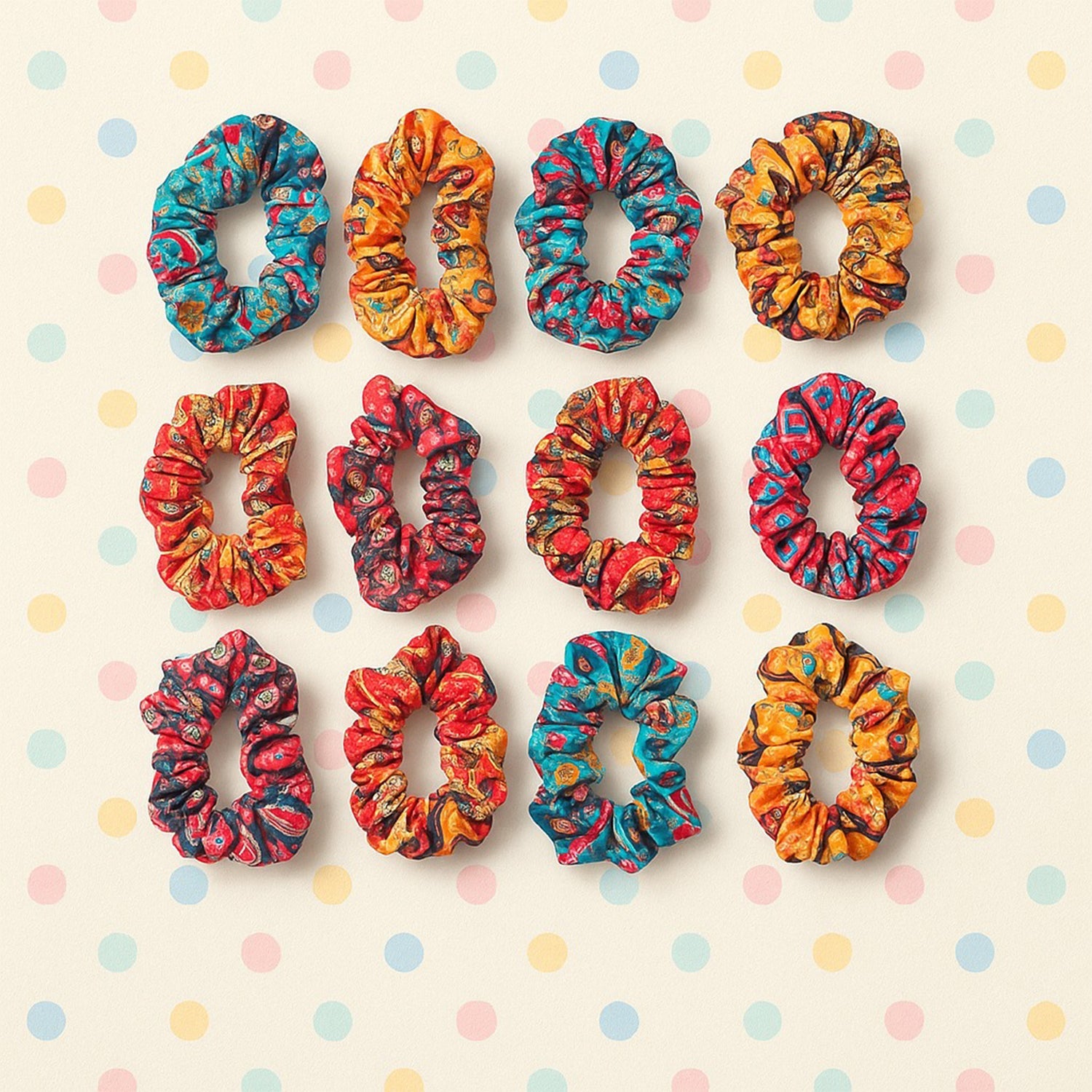 Assortment of vibrant fabric hair scrunchies in multiple prints