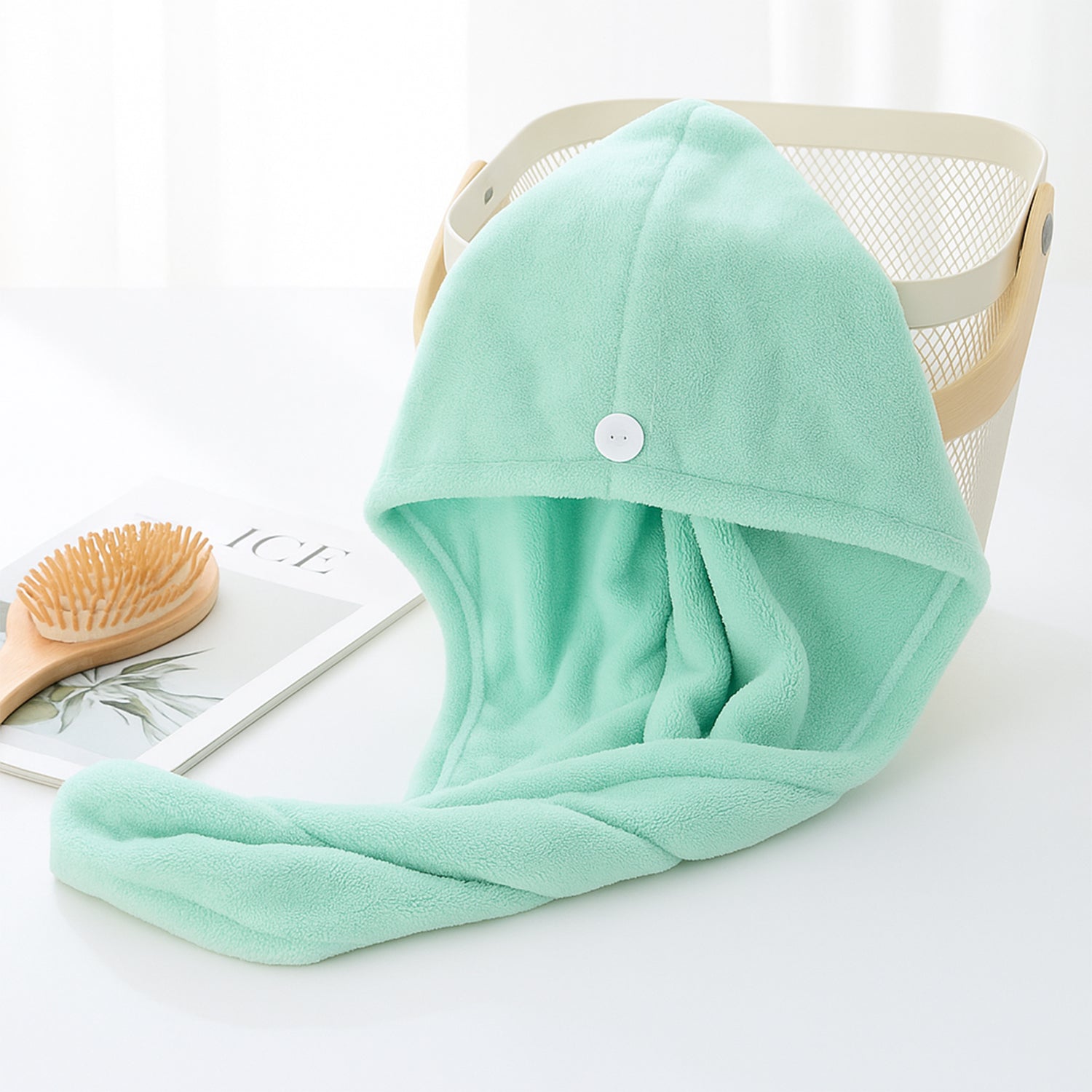 Microfiber hair drying towel wrap showing its fast drying ability