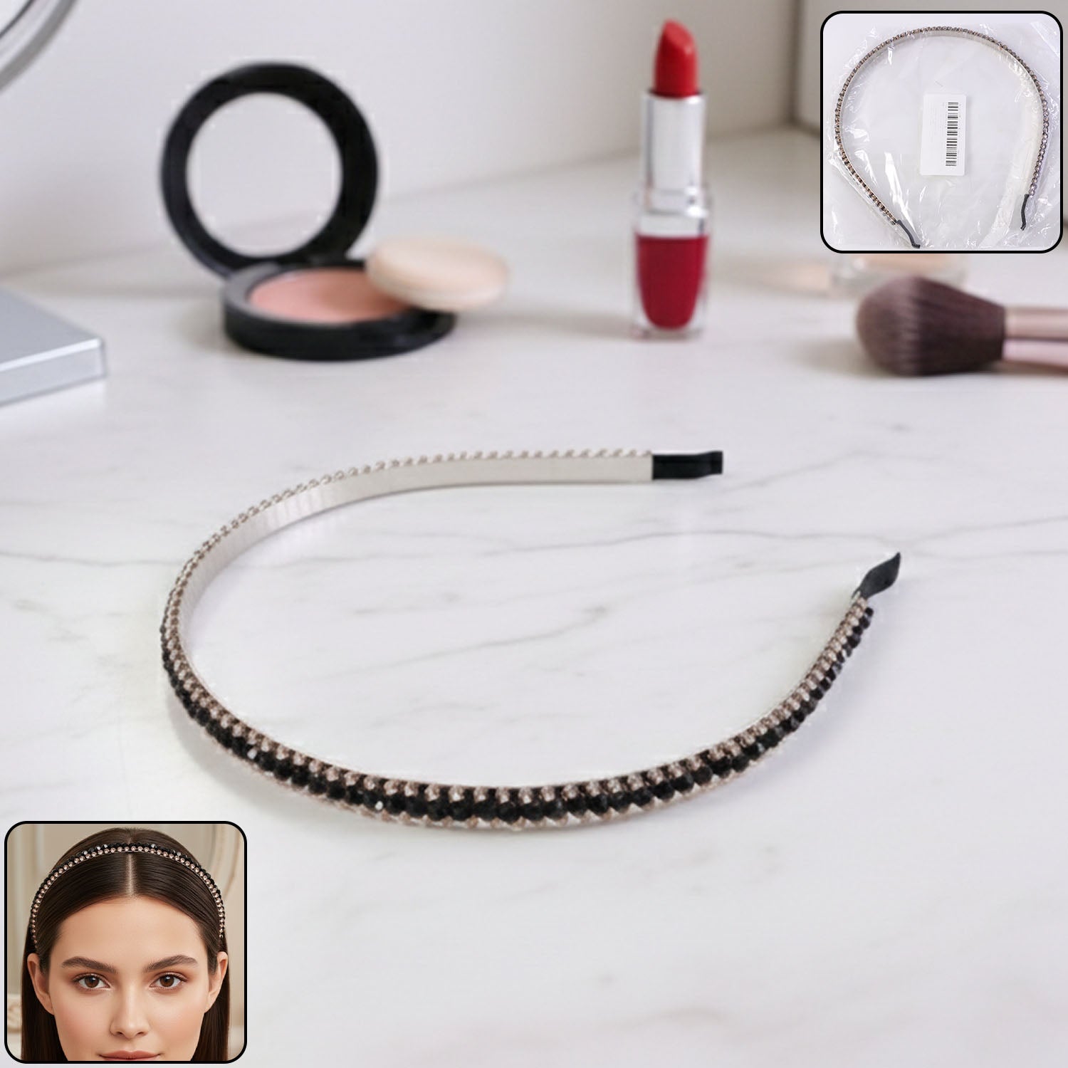 Black crystal studded metal hair band with elegant design