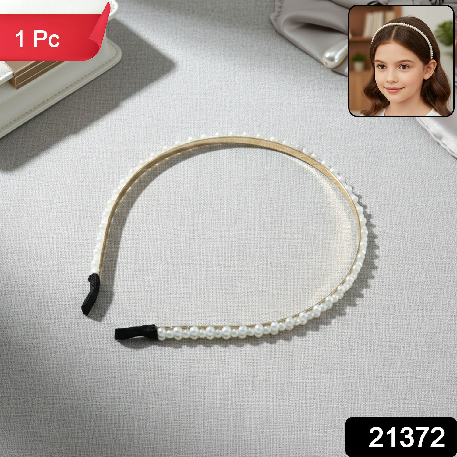 Slim gold tone pearl headband styled for women
