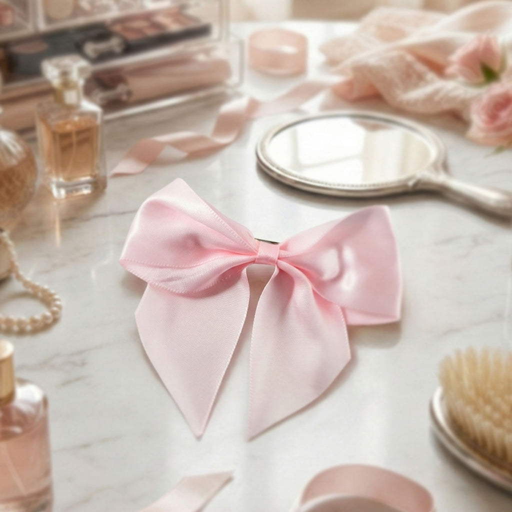 Satin hair bow clip attached to hair securely with metal clip