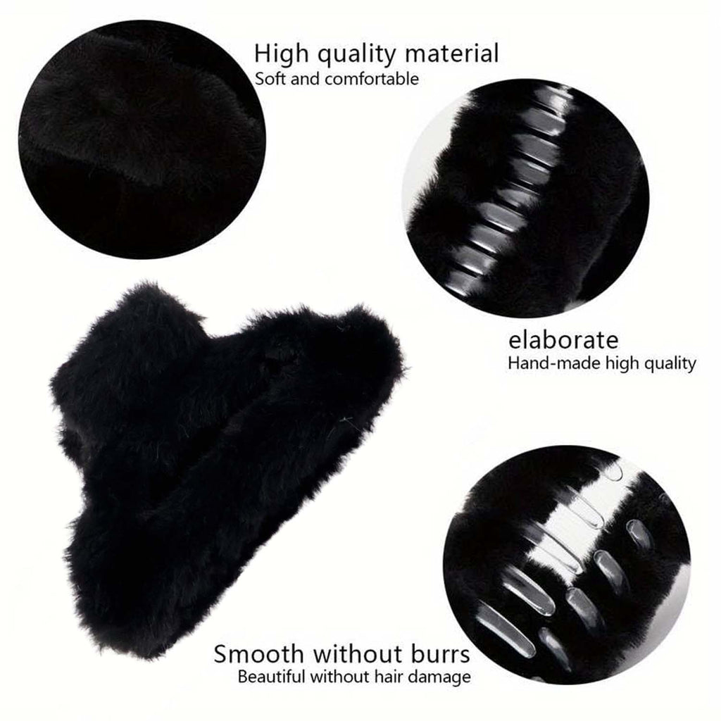 Multi-angle shot of large faux fur hair claw clip showcasing its fluffy texture and firm grip.