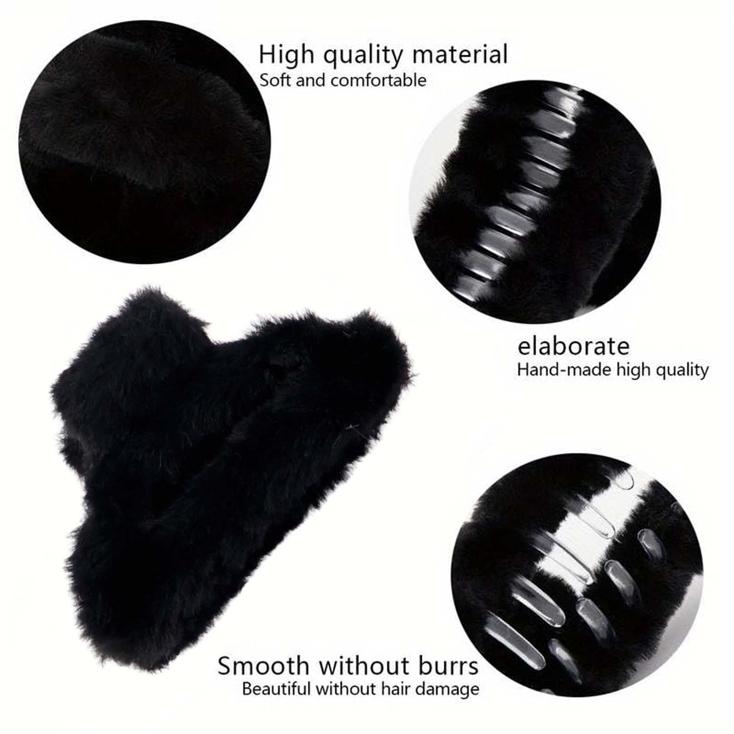 Multi-angle shot of large faux fur hair claw clip showcasing its fluffy texture and firm grip.