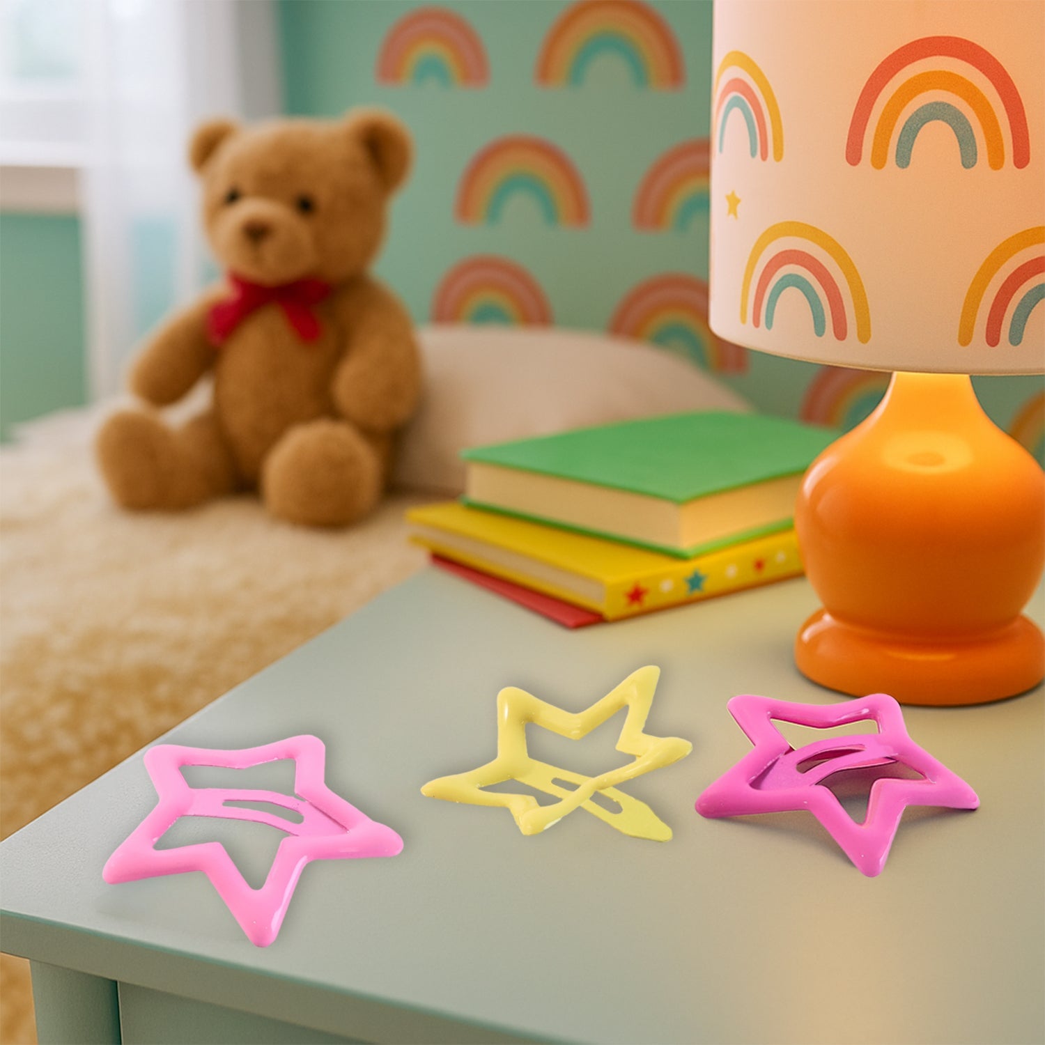 Three star-shaped snap hair clips neatly arranged on a clean white background.