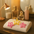 Variety of star hair clips in different colors, arranged for display.