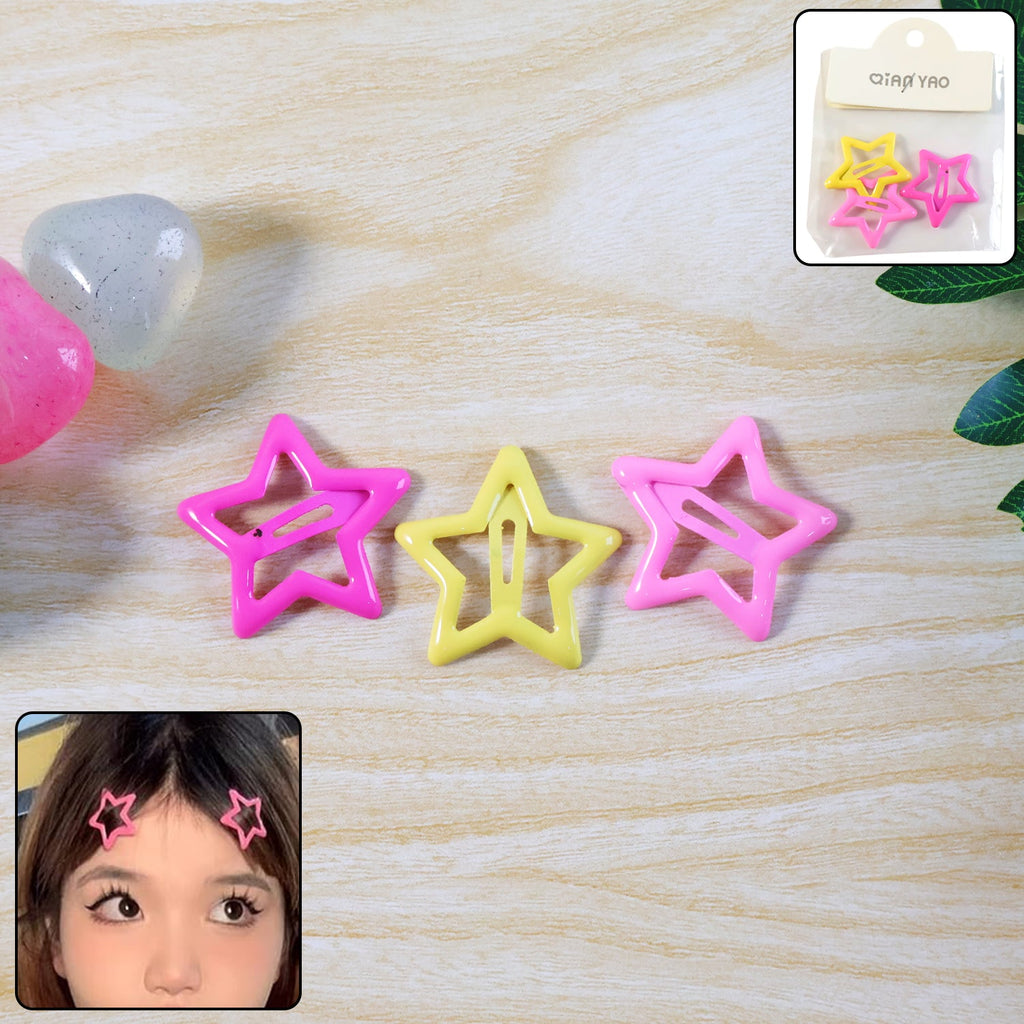 Assorted pack of 3 star-shaped hair clips for girls, vibrant colors.