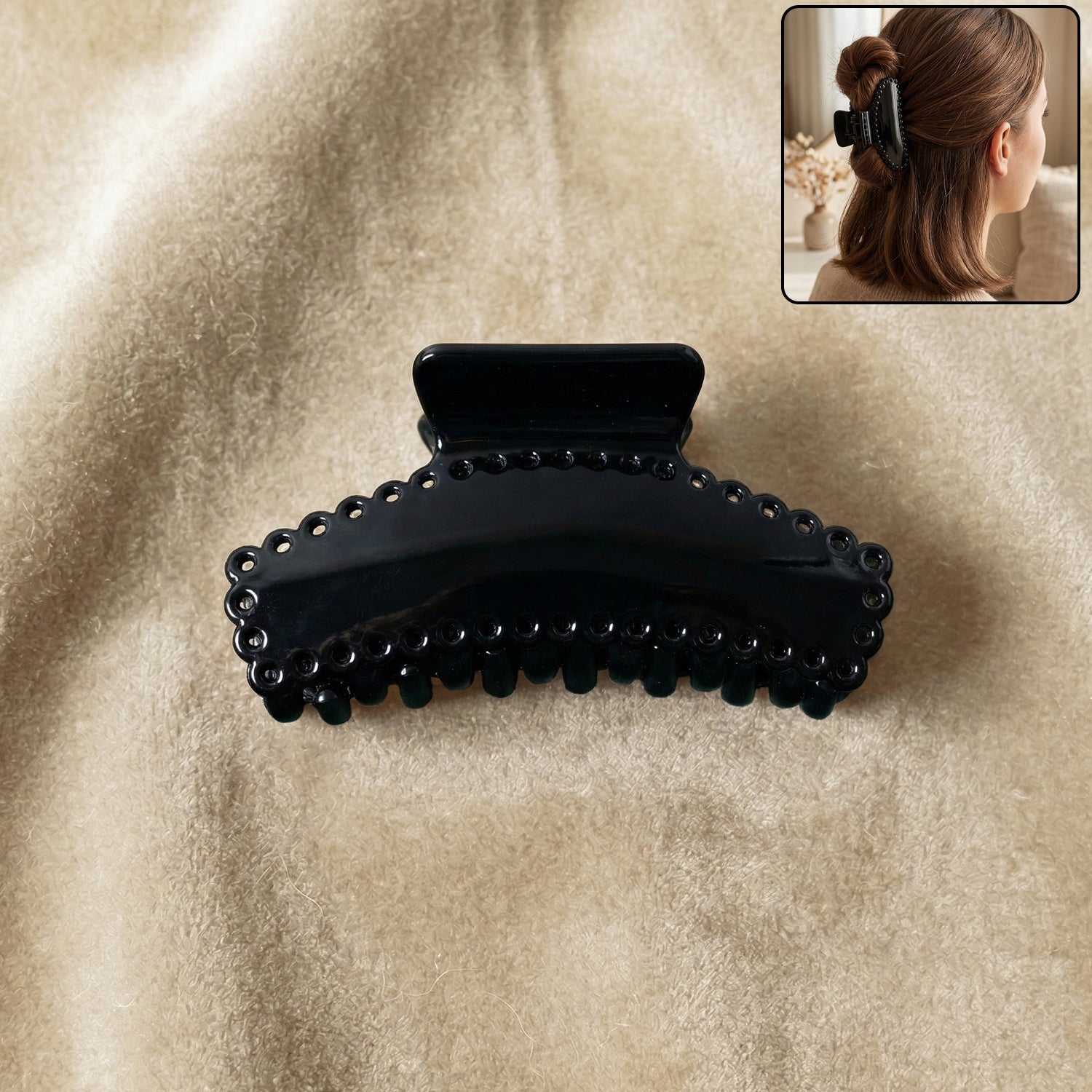 Elegant black hair claw clip holding hair securely during styling