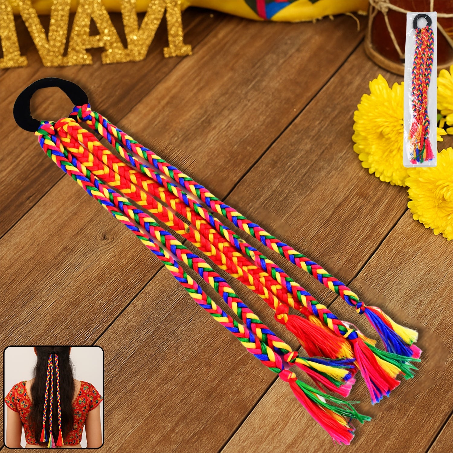 Multicolor braided hair extension with tassels accessory vibrant and festive