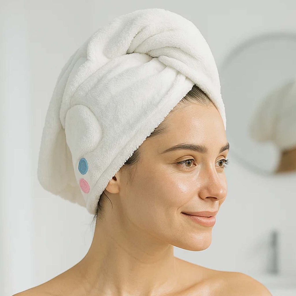 Hair drying towel cap in use, showing compact travel-friendly design