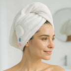 Hair drying towel cap in use, showing compact travel-friendly design