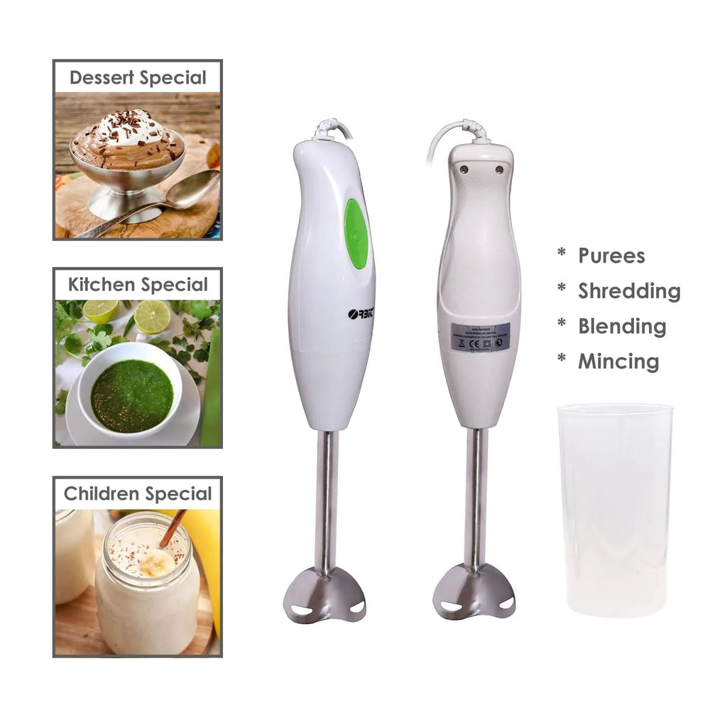 Side view of compact electric hand blender with stainless steel blade attachment