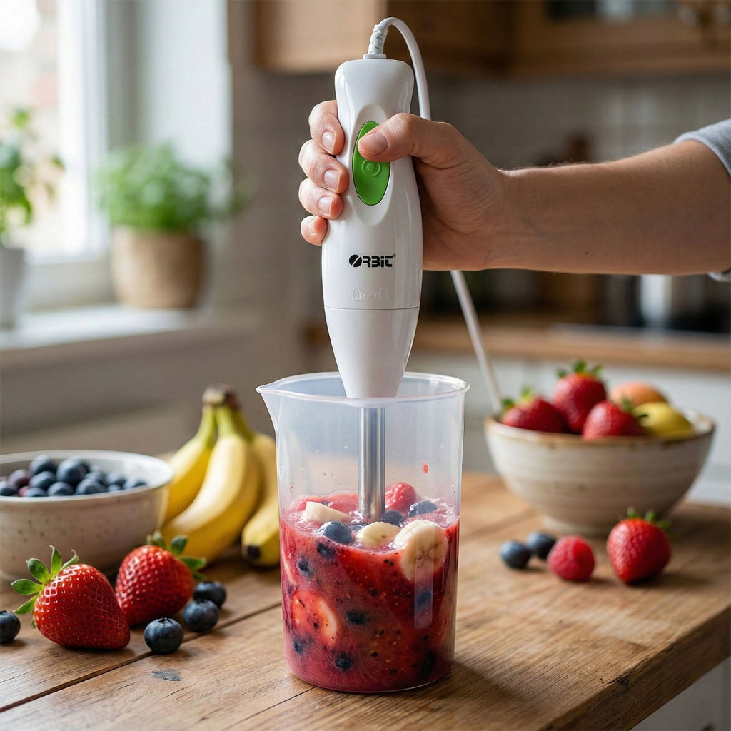Hand holding Orbit electric hand blender for smoothies and soups