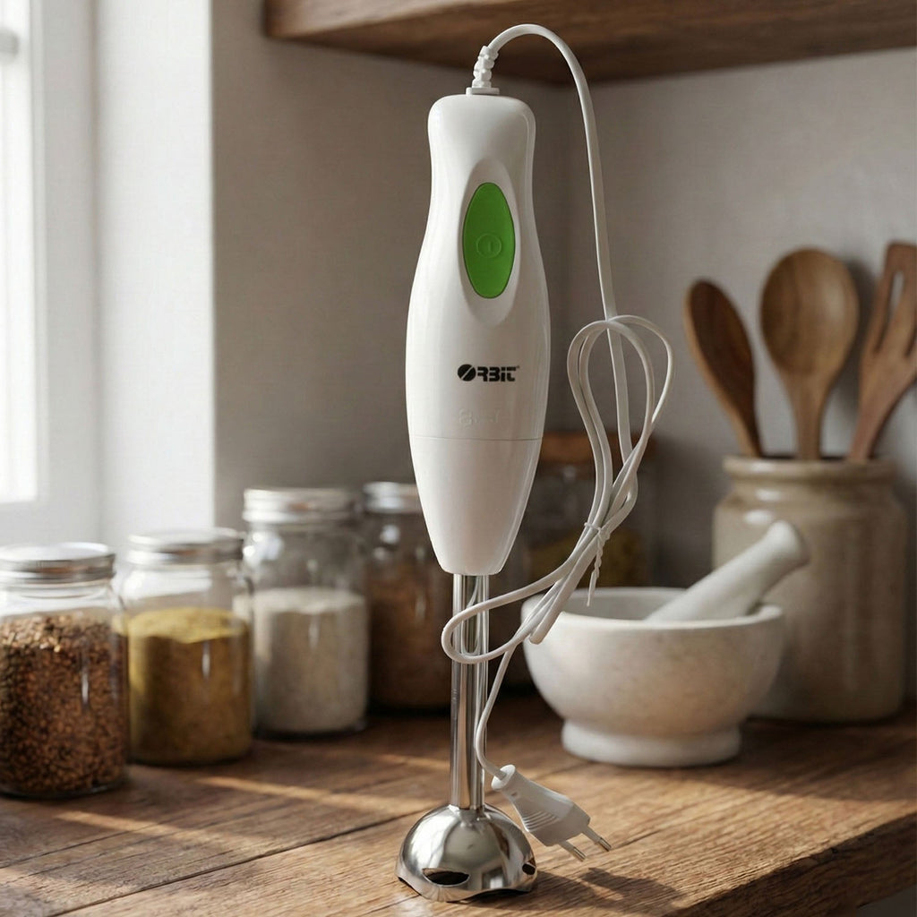 Orbit electric hand blender being used to blend ingredients in bowl