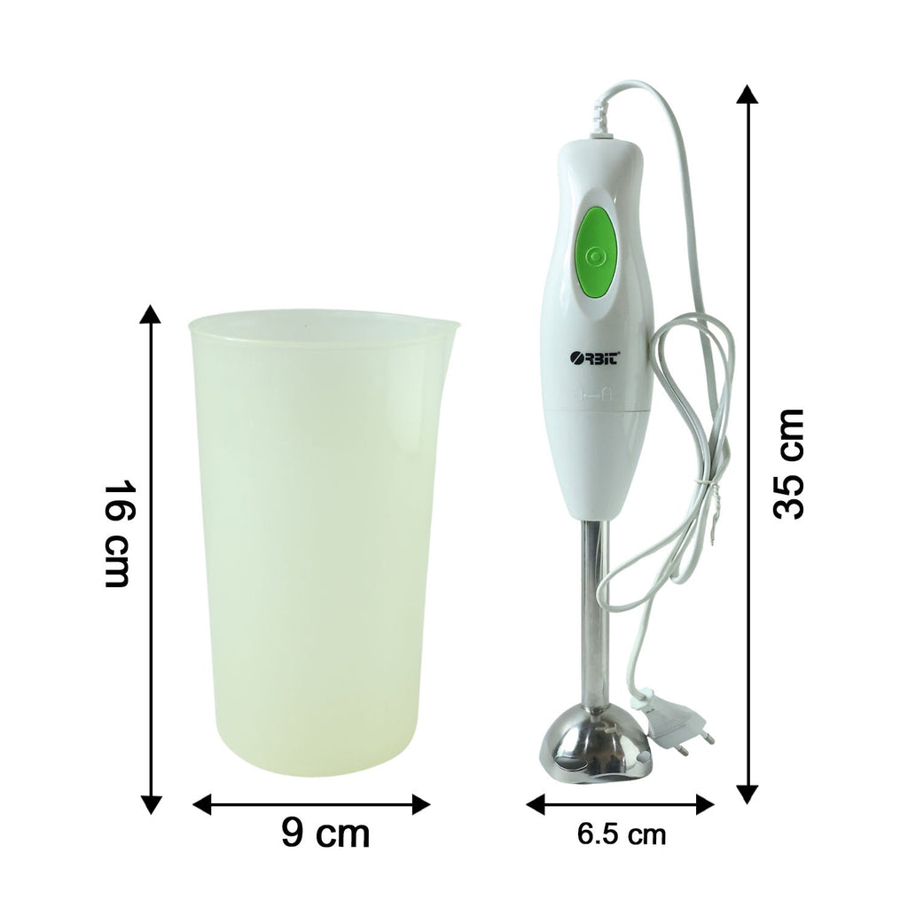 Size comparison of electric hand blender showing length and blade
