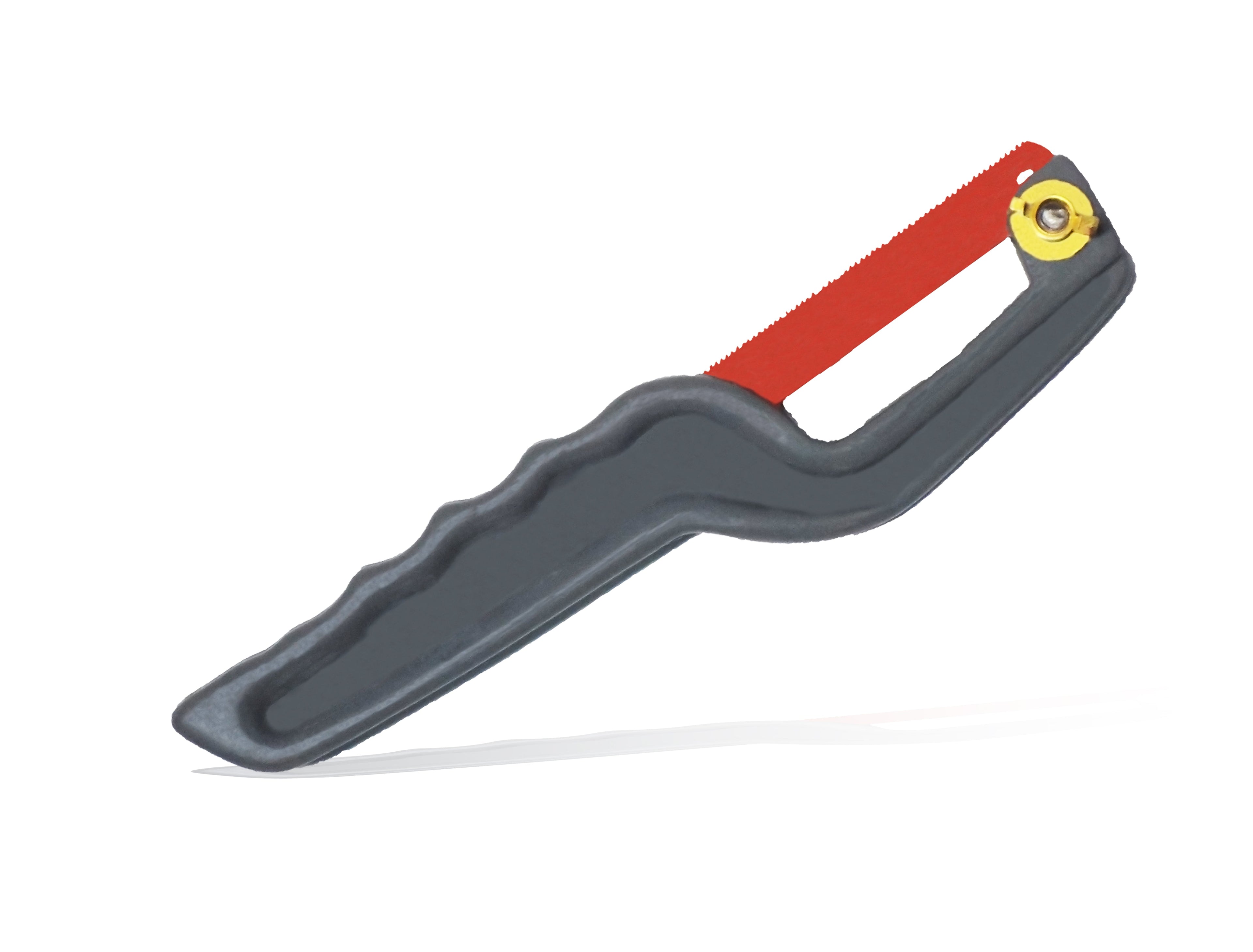 Side view of the BoltForce compact hand hacksaw, highlighting its portability.