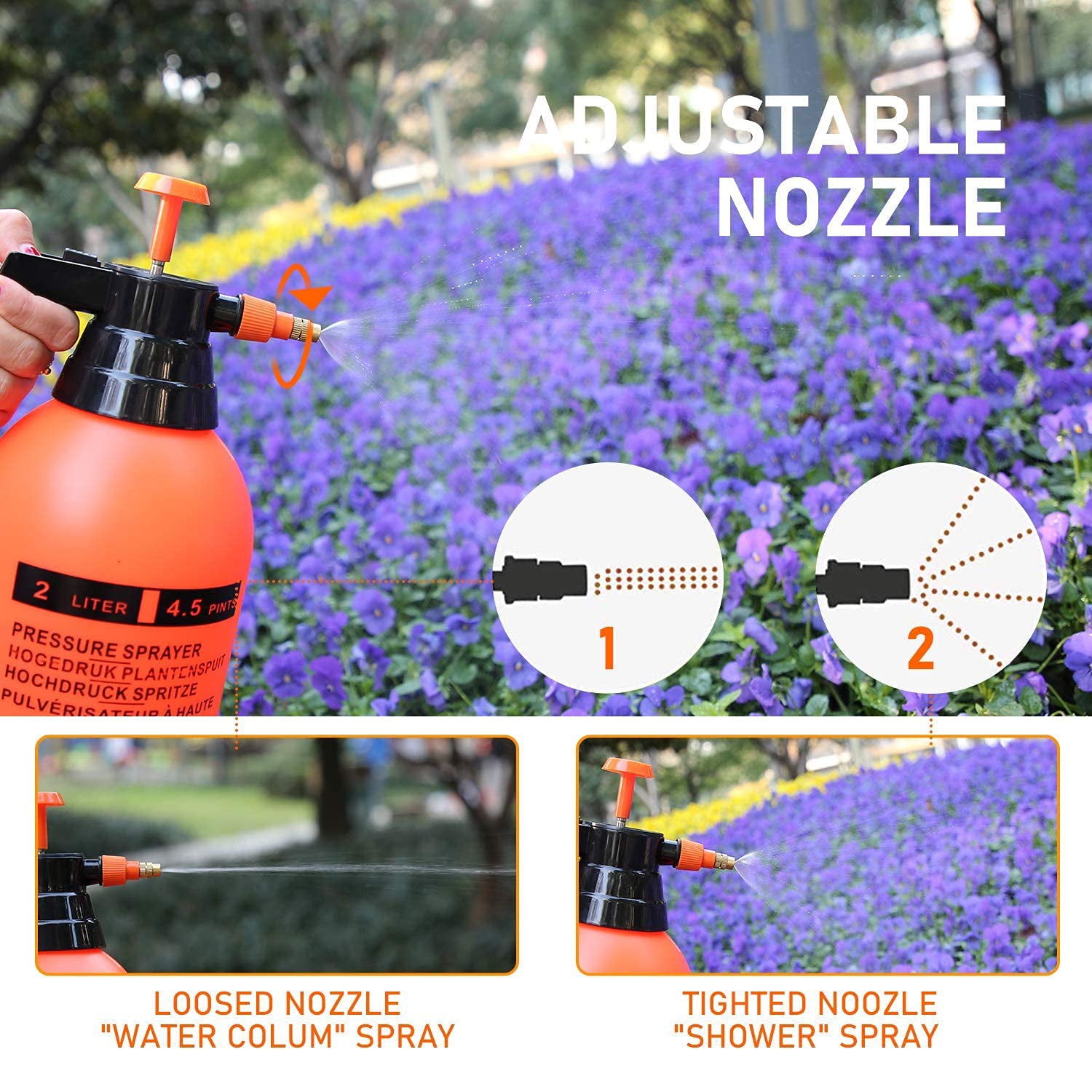Overview of the XcelCraft 2L garden pressure sprayer from the front.