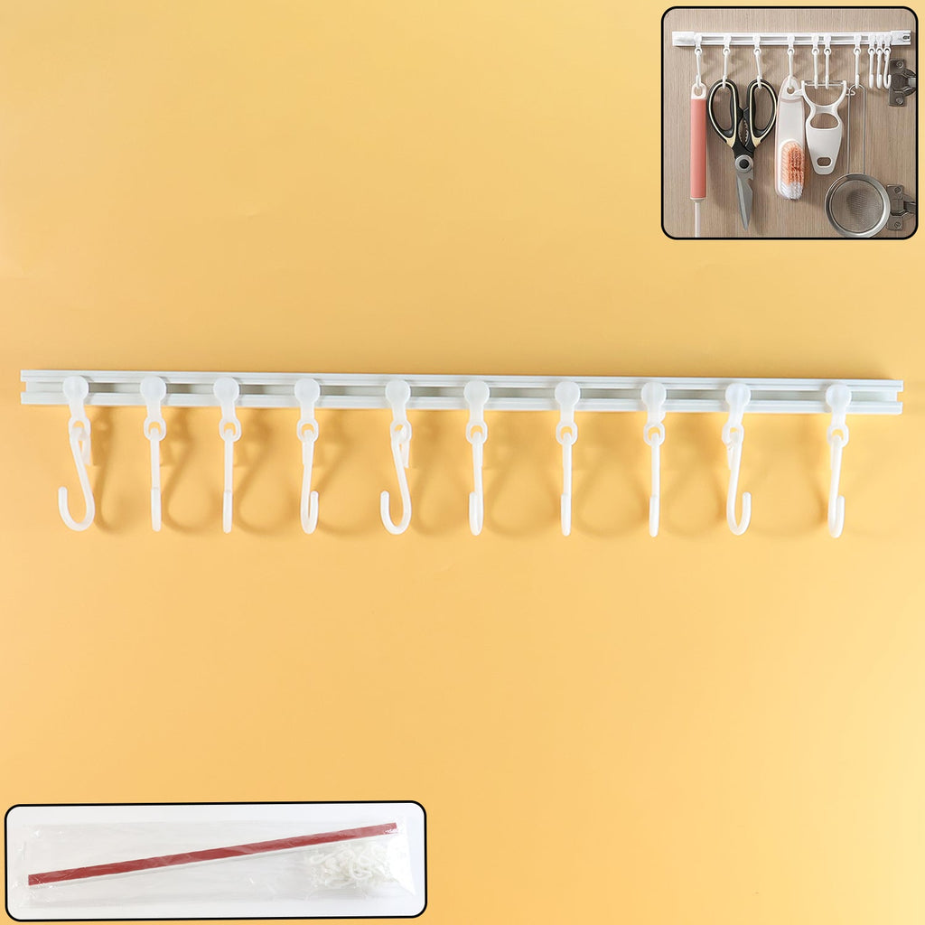 Wall mounted kitchen storage rack with 10 adjustable hooks for utensils