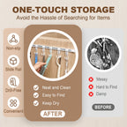 Sliding hooks on a wall mounted kitchen storage organizer rack