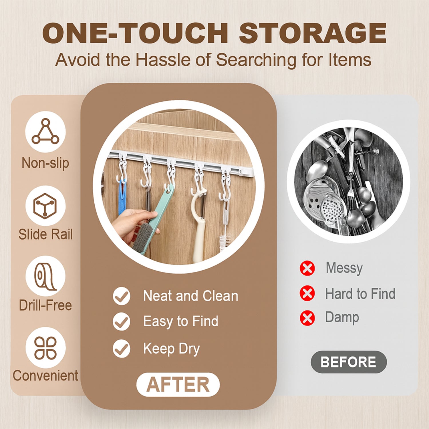 Sliding hooks on a wall mounted kitchen storage organizer rack